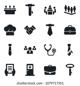 Set of vector isolated black icon - medical room vector, team, tie, document, stethoscope, meeting, handshake, cook hat, case