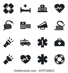 Set of vector isolated black icon - hose vector, heart pulse, doctor case, patch, ambulance star, car, hospital bed, loudspeaker, torch, crisis management