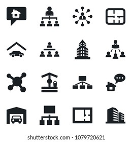 Set of vector isolated black icon - hierarchy vector, well, molecule, office building, garage, plan, home message