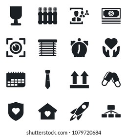 Set of vector isolated black icon - pills vector, heart shield, hand, cash, term, fragile, up side sign, alarm, hr, tie, sweet home, radiator, jalousie, eye scan, rocket, hierarchy