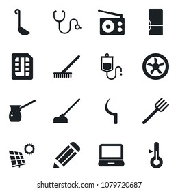 Set of vector isolated black icon - pencil vector, farm fork, rake, hoe, sickle, stethoscope, dropper, radio, laptop pc, sim, sun panel, fridge, ladle, turkish coffee, fan, thermometer