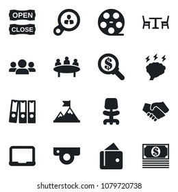Set of vector isolated black icon - cafe vector, office chair, notebook pc, brainstorm, meeting, reel, paper binder, open close, web camera, consumer search, group, motivation, handshake, wallet