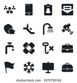 Set of vector isolated black icon - escalator vector, patch, no hook, satellite, cell phone, mail, case, presentation board, water supply, bathroom, snowflake, home protect, pass card, group, flag