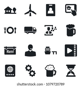 Set of vector isolated black icon - passport vector, car delivery, sea port, video, identity card, hr, support, house with tree, windmill, rent, cafe, beer, home control app, gear, sand clock