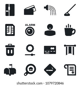 Set of vector isolated black icon - smoking place vector, credit card, watering, hoe, patient, sim, brightness, estate search, fridge, mailbox, coffee, trash bin, alarm led, pennon, contract