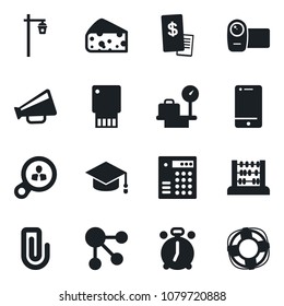 Set of vector isolated black icon - alarm clock vector, luggage scales, graduate, abacus, garden light, loudspeaker, video camera, cell phone, paper clip, restaurant receipt, cheese, usb flash