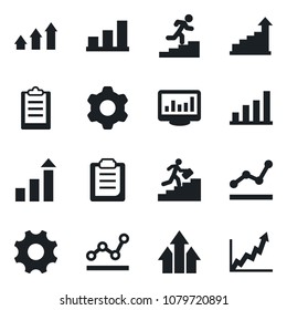 Set of vector isolated black icon - growth statistic vector, settings, clipboard, monitor statistics, bar graph, point, career ladder, arrow up