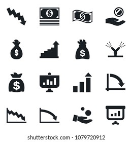 Set of vector isolated black icon - growth statistic vector, money bag, crisis graph, irrigation, investment, cash, presentation