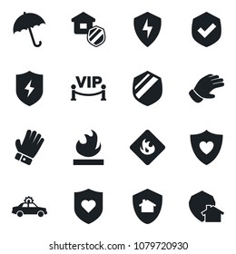 Set of vector isolated black icon - umbrella vector, alarm car, glove, heart shield, flammable, protect, estate insurance, vip zone, home