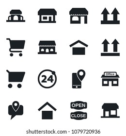 Set of vector isolated black icon - 24 around vector, shop, store, mobile tracking, warehouse storage, up side sign, cafe building, open close, cart, storefront