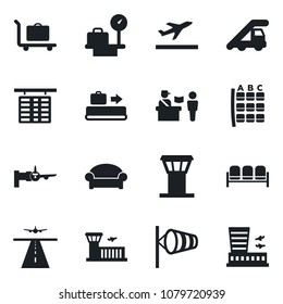 Set of vector isolated black icon - airport tower vector, runway, departure, baggage conveyor, trolley, passport control, waiting area, ladder car, wind, boarding, seat map, flight table, building