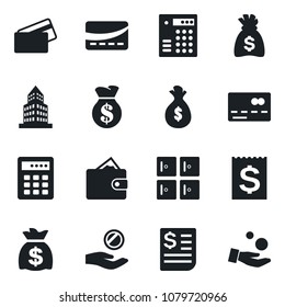 Set of vector isolated black icon - credit card vector, checkroom, money bag, receipt, office building, combination lock, wallet, investment