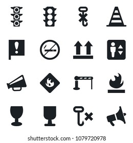 Set of vector isolated black icon - barrier vector, elevator, no smoking, border cone, important flag, traffic light, fragile, up side sign, hook, flammable, loudspeaker