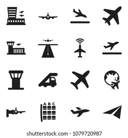 Set of vector isolated black icon - plane vector, airport tower, runway, radar, departure, arrival, ladder car, boarding, seat map, globe, building, paper