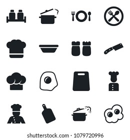 Set of vector isolated black icon - cook vector, cafe, hat, salt and pepper, bowl, cutting board, knife, steaming pan, omelette