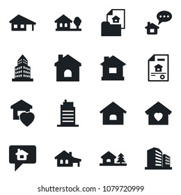 Set of vector isolated black icon - house vector, office building, with garage, tree, estate document, sweet home, city, message