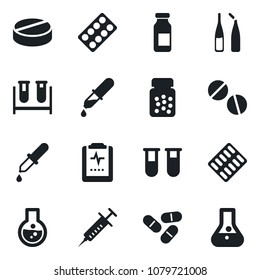 Set of vector isolated black icon - syringe vector, blood test vial, dropper, pills, bottle, blister, ampoule, pulse clipboard, flask
