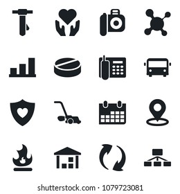 Set of vector isolated black icon - airport bus vector, tie, calendar, lawn mower, fire, molecule, pills, heart shield, hand, warehouse, camera, update, place tag, bar graph, office phone, hierarchy