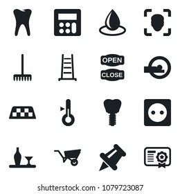 Set of vector isolated black icon - taxi vector, rake, ladder, wheelbarrow, water drop, tomography, tooth, implant, paper pin, calculator, face id, alcohol, open close, socket, thermometer