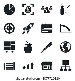Set of vector isolated black icon - team vector, garden sprayer, earth, store, term, container, consolidated cargo, pie graph, target, copier, pen, fingerprint, arrow up, rocket, crisis, hierarchy