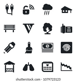 Set of vector isolated black icon - storm cloud vector, tree, bench, lungs, medical calendar, cash, office phone, rca, themes, fingerprint id, pencil, house with garage, alcove, wireless lock