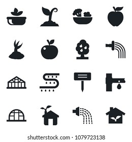 Set of vector isolated black icon - watering vector, sproute, plant label, greenhouse, drip irrigation, fruit tree, salad, apple, eco house