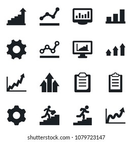 Set of vector isolated black icon - growth statistic vector, settings, clipboard, monitor statistics, bar graph, point, career ladder, arrow up
