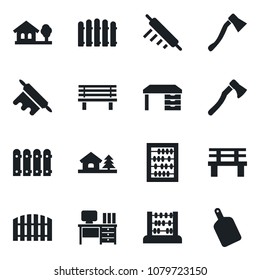 Set of vector isolated black icon - abacus vector, desk, fence, axe, bench, house with tree, rolling pin, cutting board