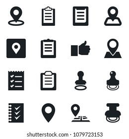 Set of vector isolated black icon - stamp vector, navigation, pin, clipboard, finger up, place tag, checklist