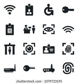 Set of vector isolated black icon - passport control vector, security gate, identity card, disabled, wireless, key, fingerprint, router, eye scan