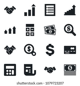 Set of vector isolated black icon - credit card vector, handshake, growth statistic, dollar sign, calculator, cash, news, abacus, arrow up graph, money search