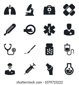 Set of vector isolated black icon - doctor case vector, stethoscope, syringe, dropper, thermometer, microscope, pills bottle, scalpel, patch, tomography, ambulance star, lungs, joint, flask