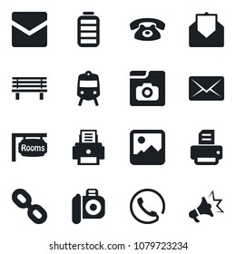 Set of vector isolated black icon - train vector, printer, bench, camera, chain, battery, mail, gallery, photo, rooms, phone, advertising