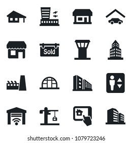 Set of vector isolated black icon - airport tower vector, elevator, building, greenhouse, store, office, house with garage, sold signboard, crane, factory, home control app, gate, storefront