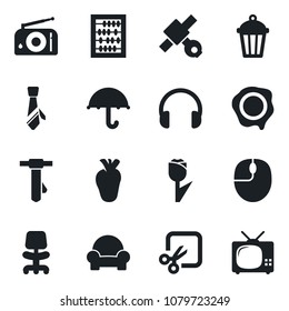 Set of vector isolated black icon - office chair vector, abacus, mouse, tie, stamp, garden light, real heart, satellite, umbrella, tulip, radio, headphones, cut, cushioned furniture, tv