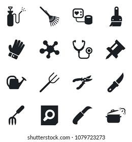 Set of vector isolated black icon - document search vector, garden fork, farm, rake, watering can, pruner, glove, knife, sprayer, stethoscope, blood pressure, share, themes, drawing pin