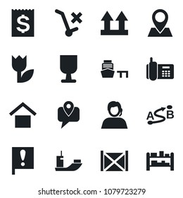 Set of vector isolated black icon - pin vector, important flag, office phone, support, mobile tracking, sea shipping, receipt, port, container, fragile, warehouse storage, up side sign, no trolley