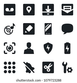 Set of vector isolated black icon - mobile vector, menu, message, protect, user, mail, record, notes, download, mute, cut, place tag, eye id, music, charge, root setup