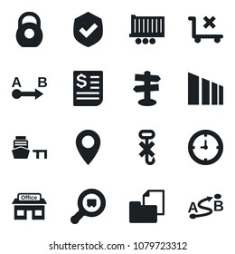 Set of vector isolated black icon - signpost vector, pin, store, truck trailer, clock, receipt, sea port, folder document, no trolley, hook, sorting, shield, heavy, search cargo, route
