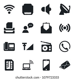 Set of vector isolated black icon - satellite antenna vector, wireless notebook, radio, speaker, cell phone, mail, hdmi, sim, cellular signal, paper tray, intercome