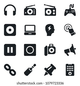 Set of vector isolated black icon - brainstorm vector, camera, radio, loudspeaker, gamepad, touch screen, headphones, laptop pc, chain, paper pin, pause button, rec, jack connector, record