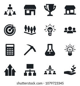 Set of vector isolated black icon - team vector, hierarchy, target, group, arrow up graph, idea, flask, calculator, award cup, storefront, hard work, palm sproute