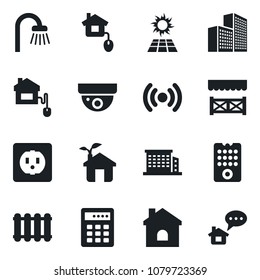 Set of vector isolated black icon - house vector, office building, bathroom, alcove, home control, eco, socket, remote, wireless, radiator, sun panel, combination lock, surveillance, message