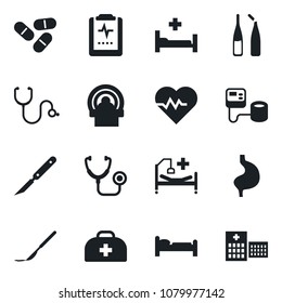 Set of vector isolated black icon - bed vector, heart pulse, doctor case, stethoscope, blood pressure, pills, ampoule, scalpel, tomography, hospital, stomach, clipboard