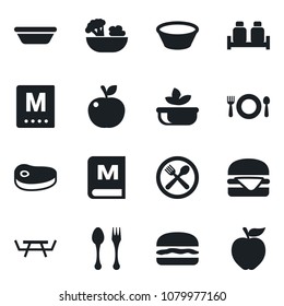 Set of vector isolated black icon - spoon and fork vector, picnic table, cafe, menu, salad, salt pepper, steak, hamburger, bowl, apple fruit