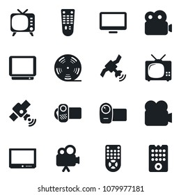 Set of vector isolated black icon - reel vector, satellite, tv, video camera, remote control, monitor
