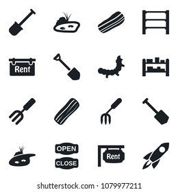 Set of vector isolated black icon - job vector, garden fork, shovel, caterpillar, rack, pond, rent, bacon, open close, rocket