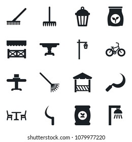 Set of vector isolated black icon - cafe vector, rake, sickle, garden light, fertilizer, bike, table, restaurant, alcove, outdoor lamp