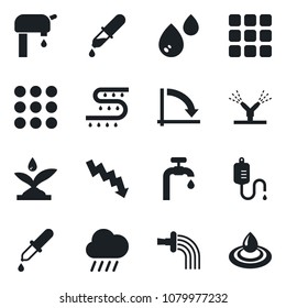 Set of vector isolated black icon - crisis graph vector, watering, rain, drip irrigation, dropper, menu, water supply