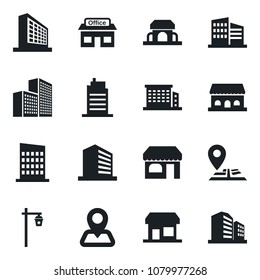 Set of vector isolated black icon - shop vector, office building, garden light, navigation, store, city house, cafe, storefront